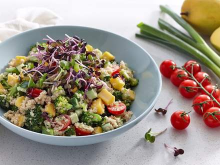 Quinoa, broccoli and radish microgreens bowl